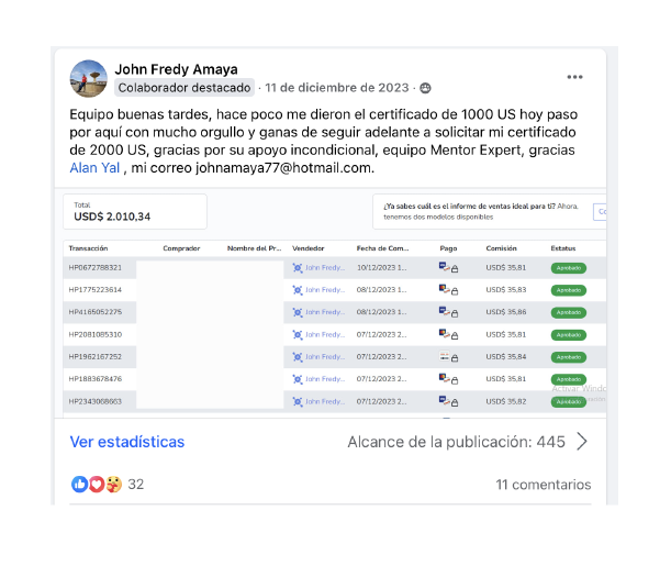 Pantalla con resultados de estudiante